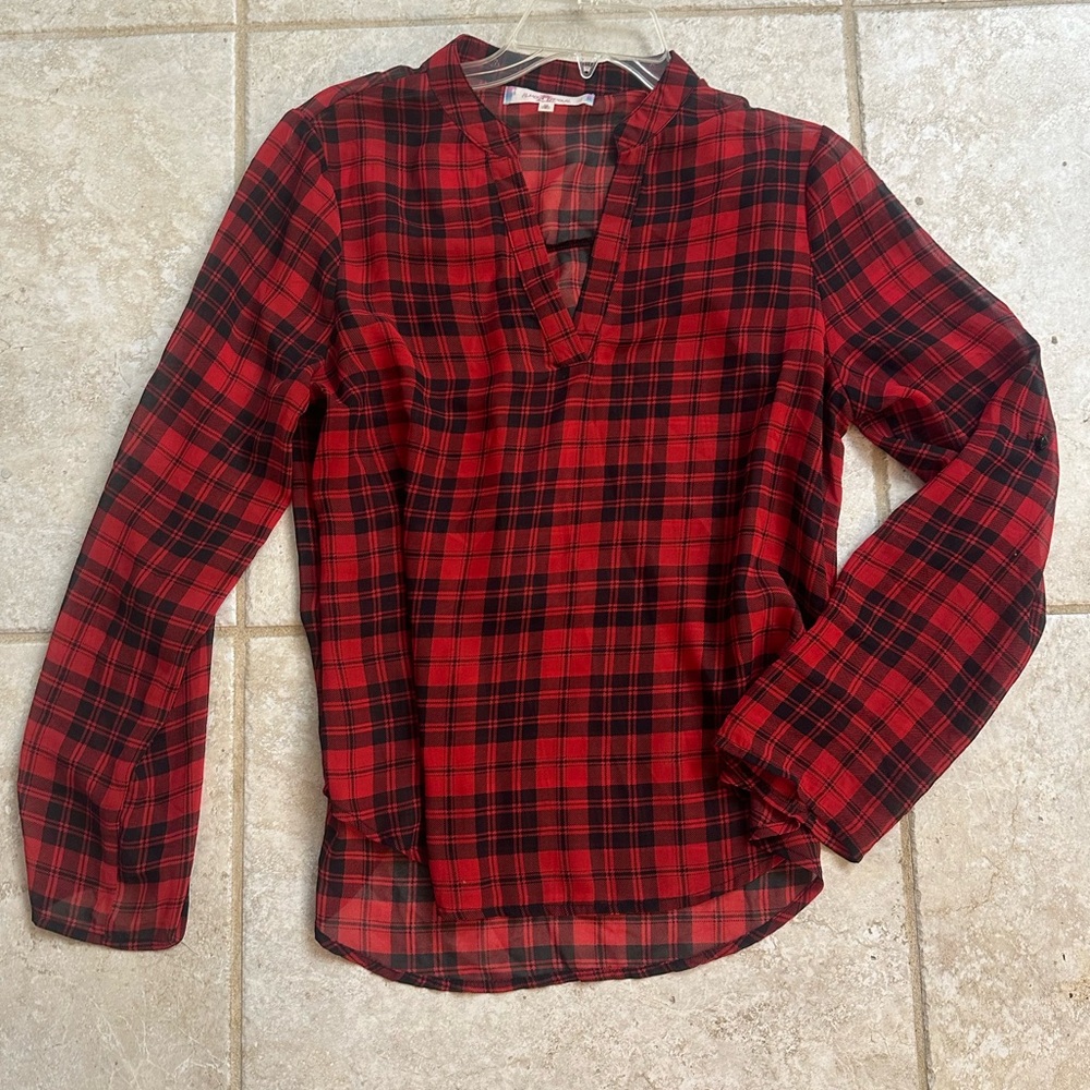 Hi/Lo Sheer Black and Red Plaid, Long Sleeve or 3/4 Button Sleeves Blouse - Picture 6 of 6
